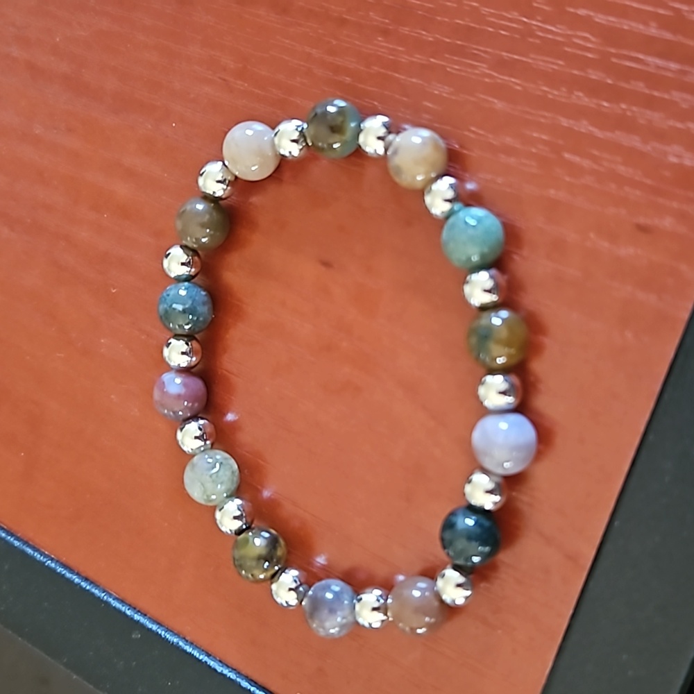 Indian agate and silver beaded stretch bracelet
